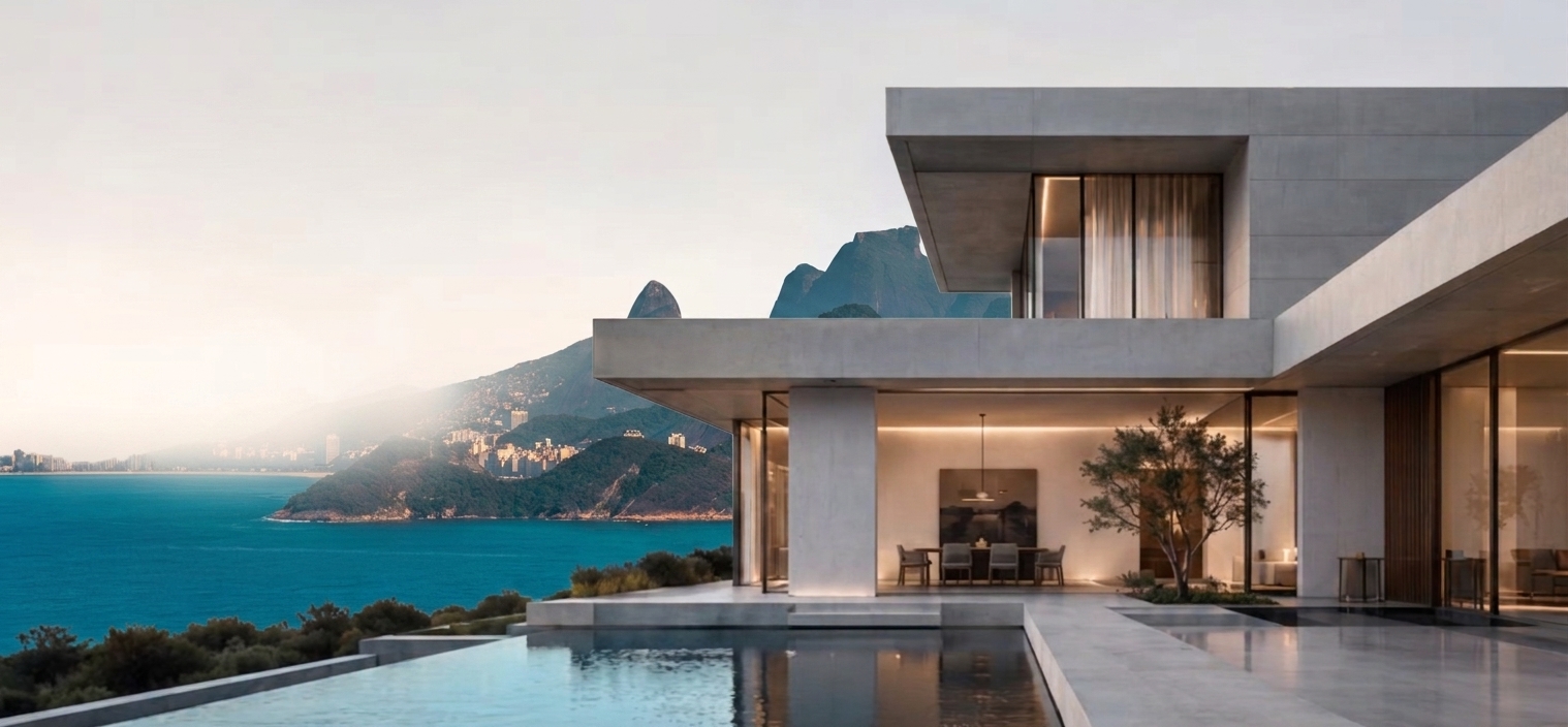Vista de uma residência moderna com o litoral do Rio de Janeiro ao fundo